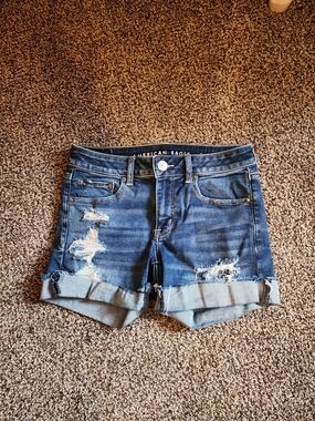 American Eagle Outfitters Blue Distressed Rolled-Hem Jean Shorts